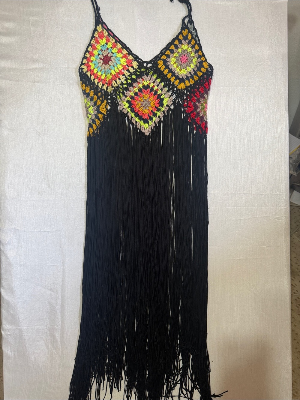 Fringed Crochet Strapless Maxi Dress - Black with Neon Accents0036